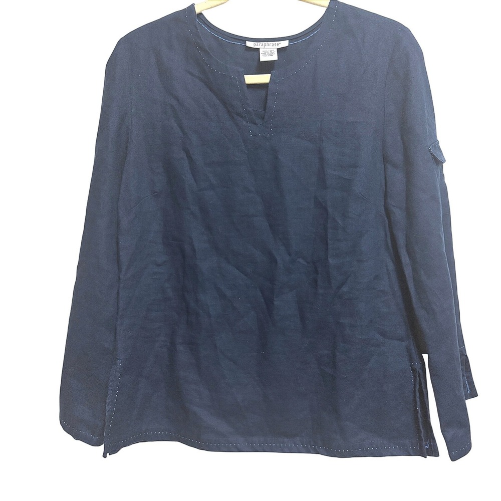 Paraphrase Navy Blue Linen Split Neck Tunic Top Coastal Grandma Pick Stitch 6